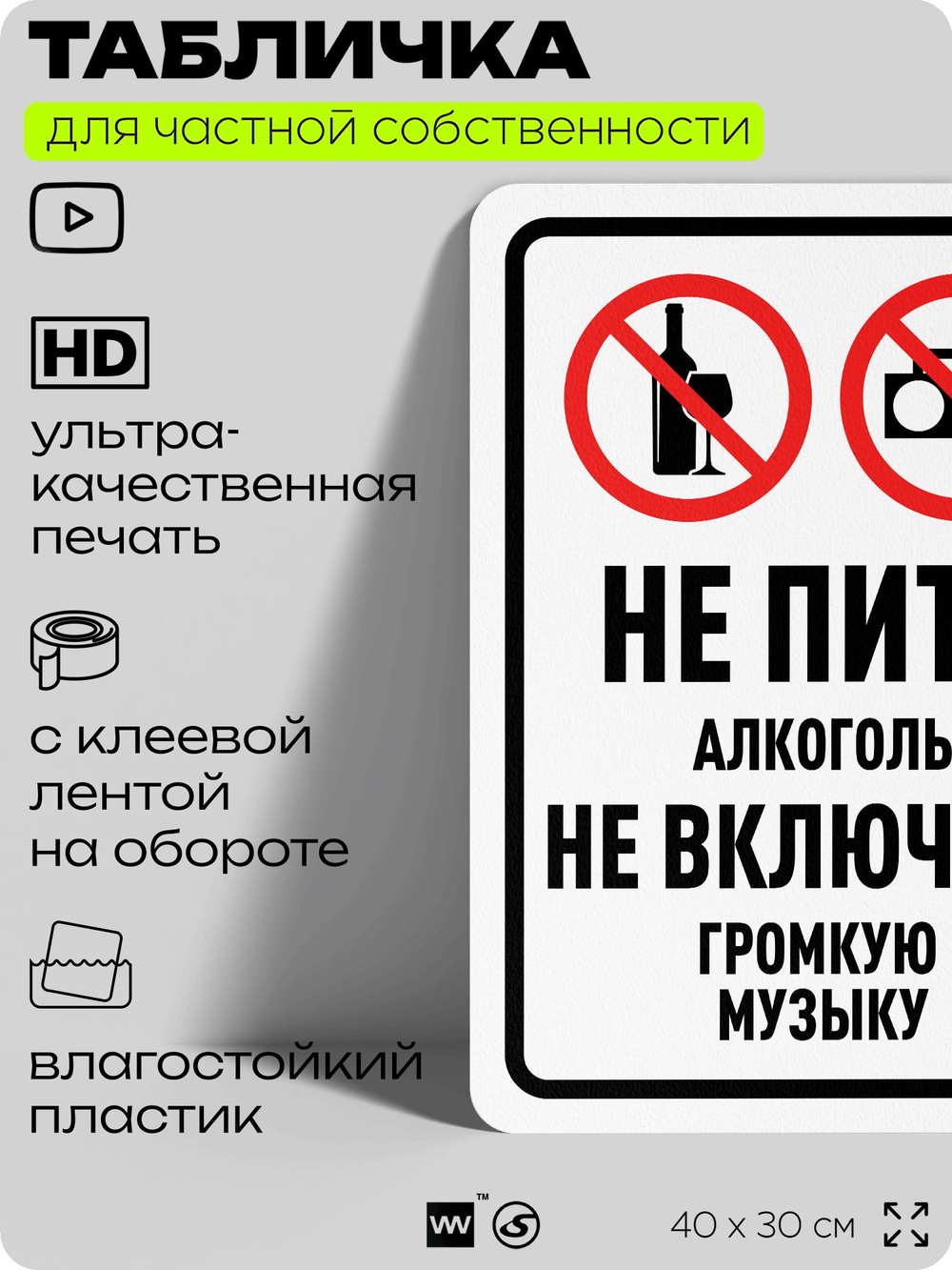 Табличка для частной территории "Не пить алкоголь, не включать громкую музыку", на дом, для участка, организаций и частных территорий, предупреждающая, 40х30 см, Silver Plane x Айдентика Технолоджи