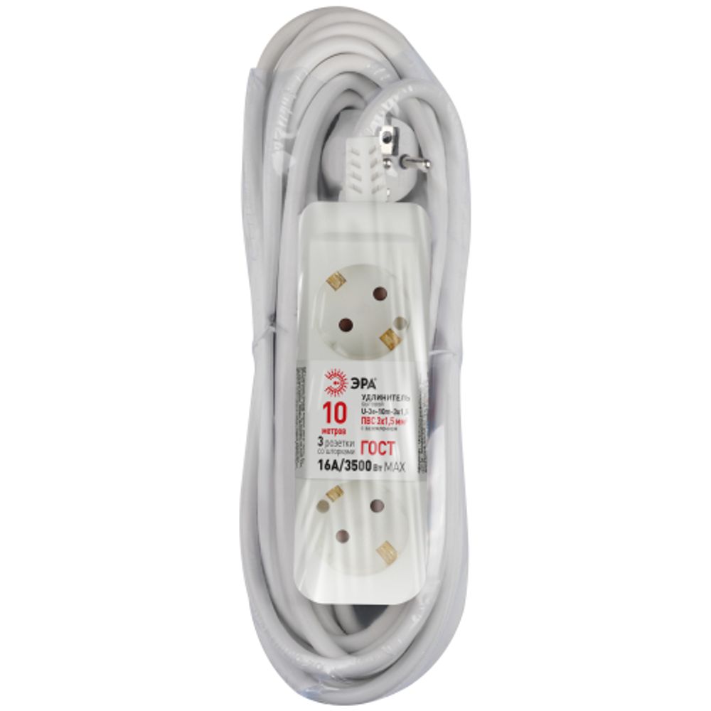 Удлинитель электрический ЭРА U-3e-10m-3x1,5 с заземлением 3 розетки 10м ПВС 3x1,5мм2 16А | Бытовые удлинители