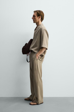 ZARA БРЮКИ RELAXED FIT ИЗ ВИСКОЗЫ И КОНОПЛИ, СЕРО-КОРИЧНЕВЫЙ
