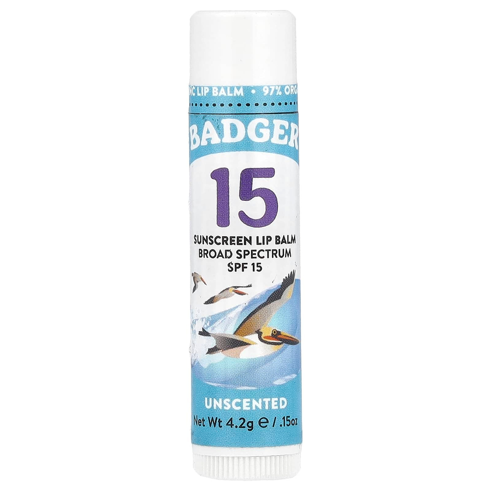 Badger, солнцезащитный бальзам для губ, SPF 15, без запаха, 4,2 г (0,15 унции)