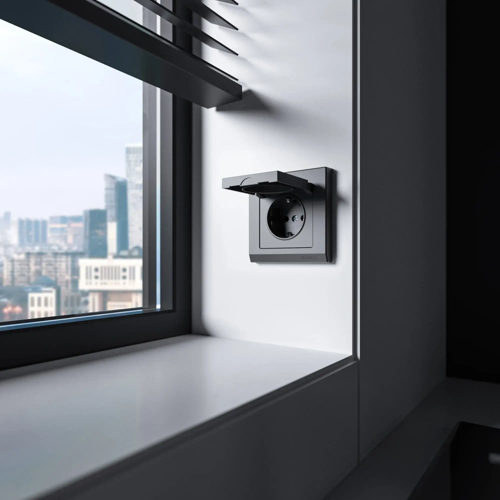 Розетка влагозащищенная с заземлением с крышкой и шторками IP44 (графит матовый) W1171264