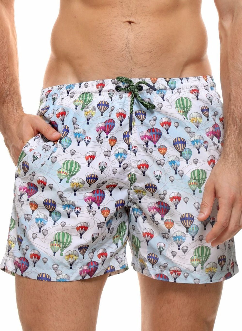 Мужские пляжные шорты с принтом в виде воздушных шаров (Размер: L) (Цвет: белый)