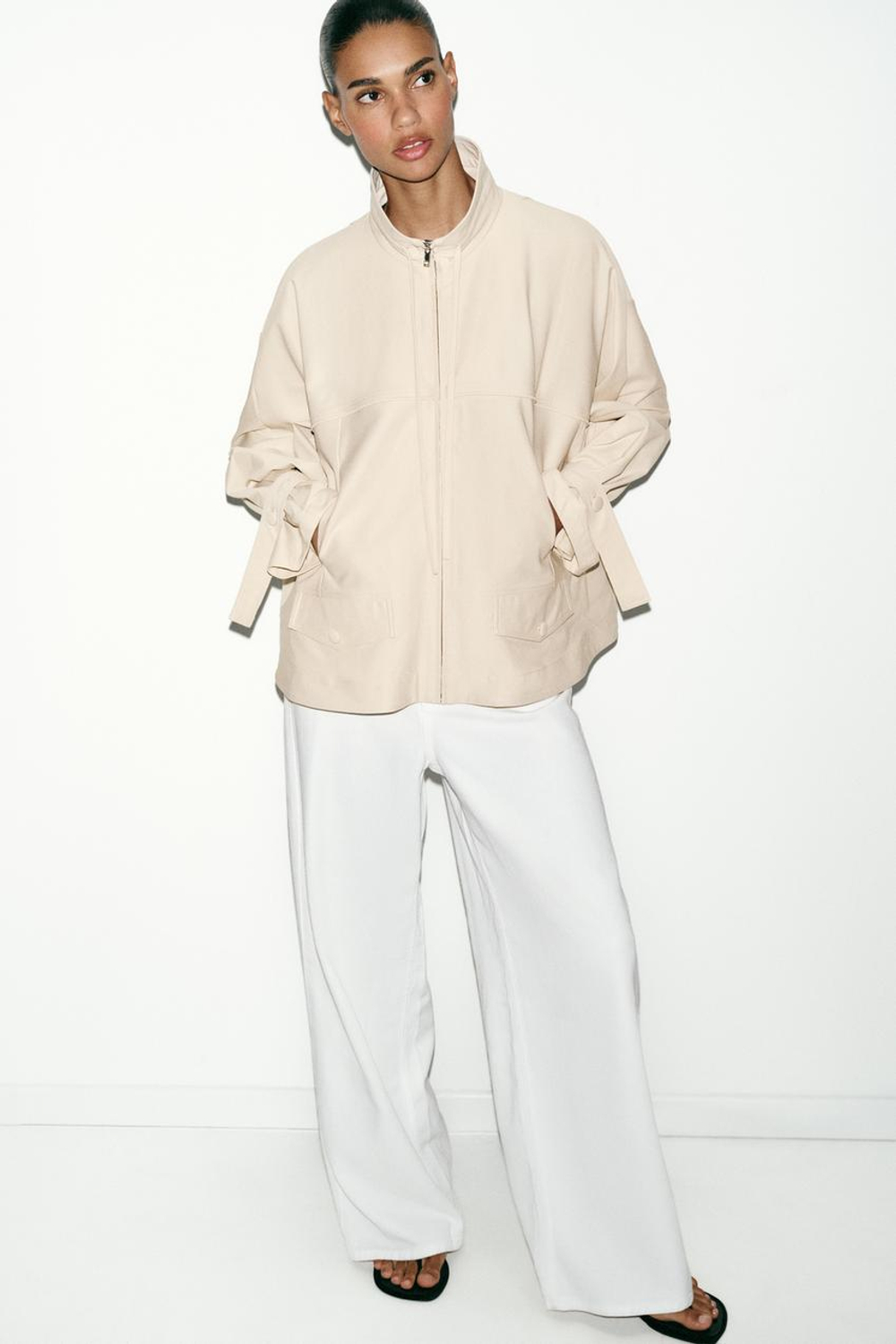 ZARA СВОБОДНАЯ КУРТКА С ВОРОТНИКОМ-СТОЙКОЙ, ТЕМНО-БЕЖЕВЫЙ