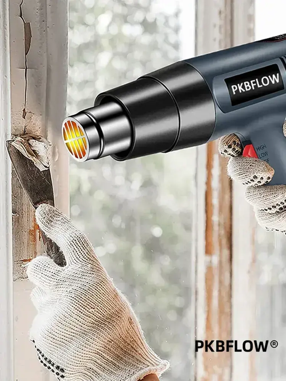 Строительный фен / Промышленный фен PKBFLOW / Бесступенчатый термостат /2000 Вт/Ручная регулировка, 4 насадки с дисплеем(2кВт, 300-500 л/мин, 60-600 градусов), профиссиональная серия