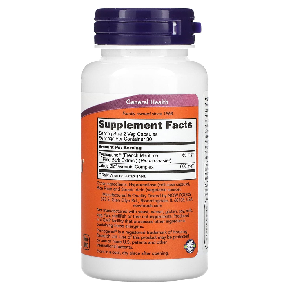 NOW Foods, Pycnogenol® с биофлавоноидами, 60 вегетарианских капсул