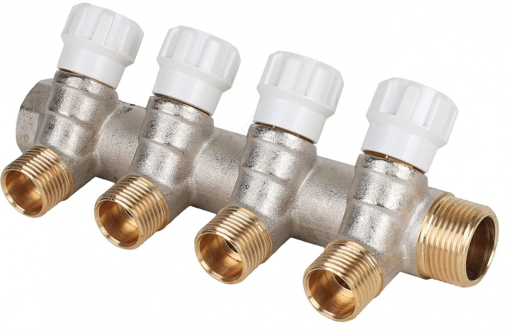 Коллектор латунный с регулирующими вентилями 3/4" x конус 1/2", 4 выхода MVI