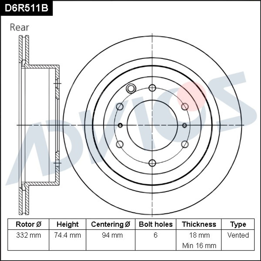 Диск тормозной зад. ADVICS D6R511B