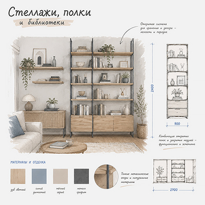 Стеллажи, полки и библиотеки