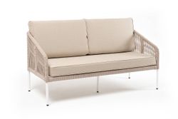 "Канны" диван 2-местный плетеный из роупа, каркас алюминий белый муар, роуп бежевый круглый, ткань бежевая 052