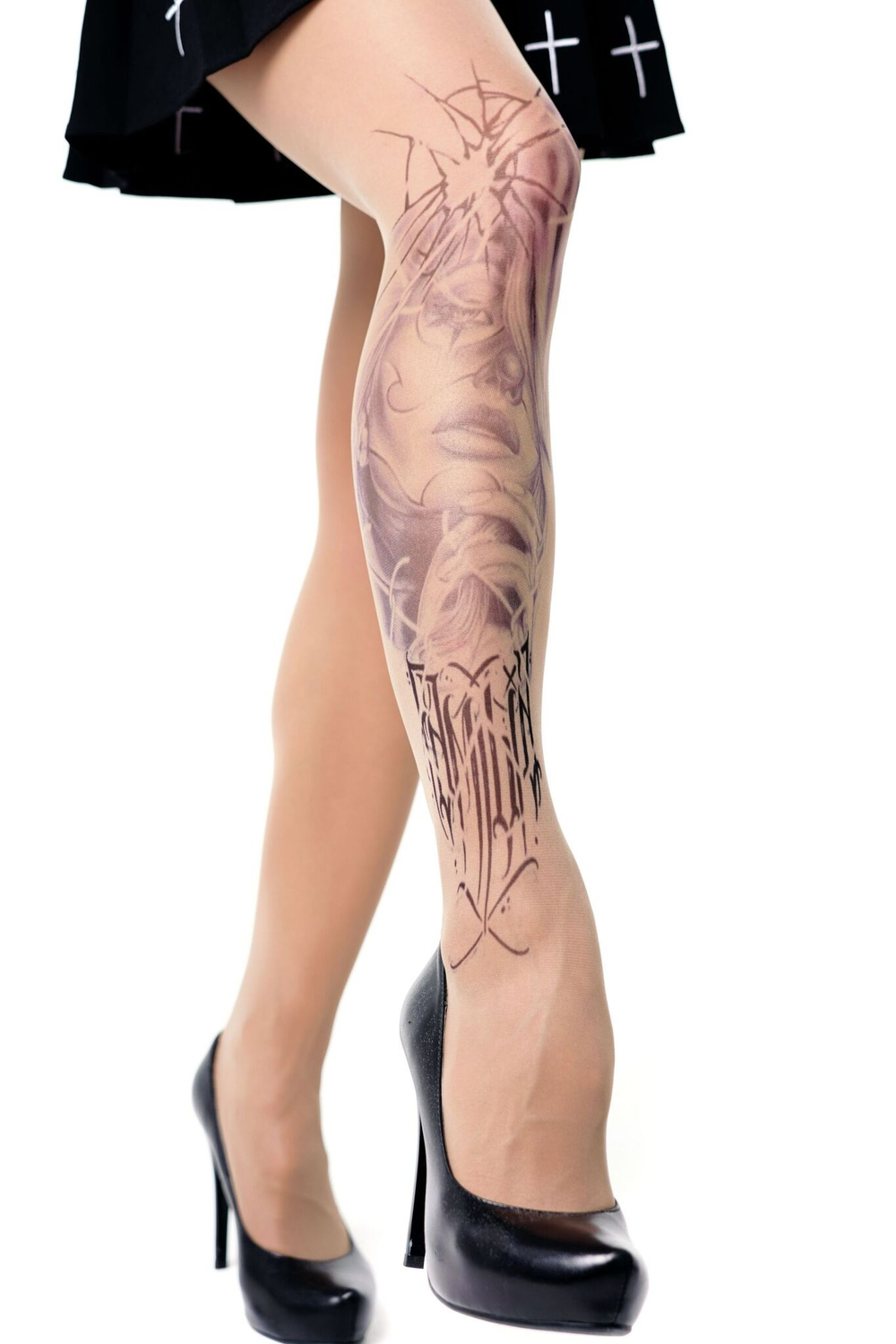 Колготки с принтом в виде девушки за стеклом и сеткой (Размер: S-M-L) (Цвет: бежевый)