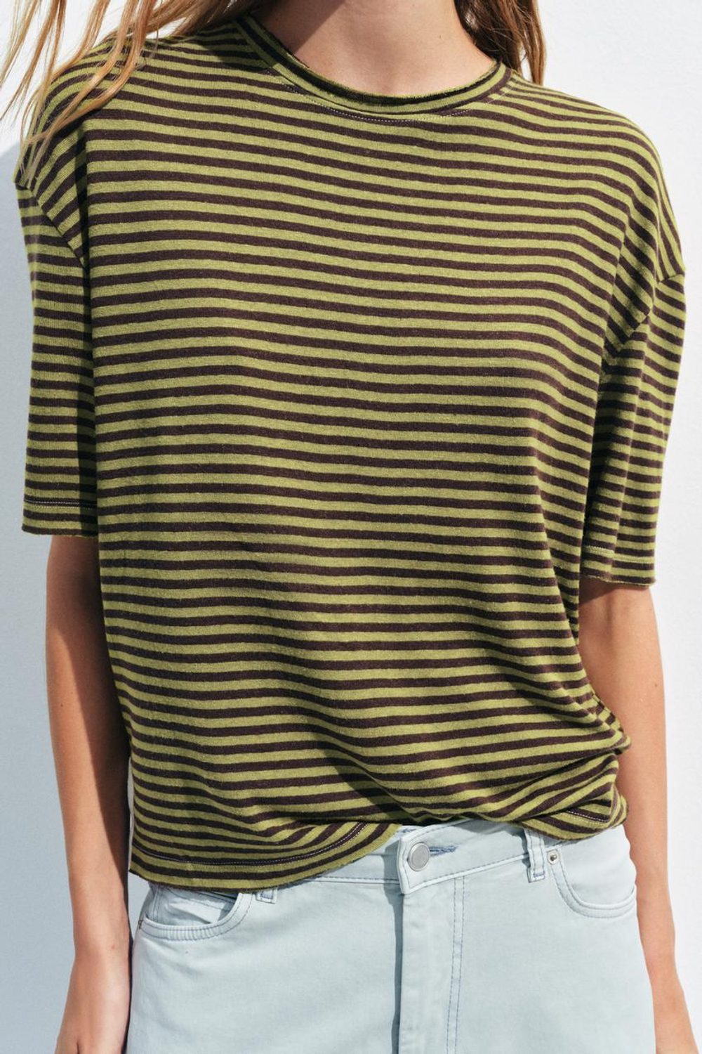 ZARA ФУТБОЛКА В ПОЛОСКУ В СТИЛЕ РУСТИК, КОРИЧНЕВЫЙ/ЗЕЛЕНЫЙ