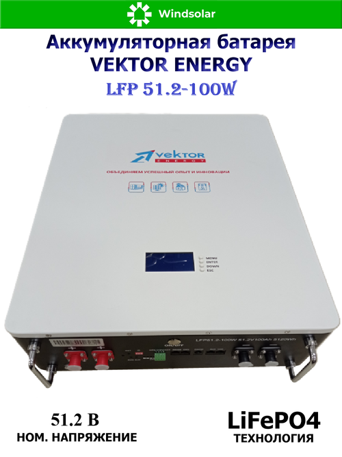 Аккумуляторная батарея VEKTOR ENERGY LFP 51.2-100W (100Ah / 51.2V / 5120Wh / BMS 100A / LED / LiFePO4)