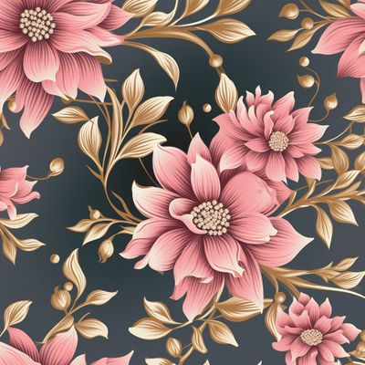 Фиолетовые цветы и золотые листья на синем фоне