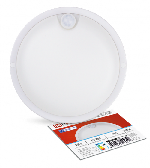 Светильник светодиодный герметичный СПП ИД-1565-КРУГ 15Вт 6500К 1350Лм с инфракрасным датчиком IP65 140мм IN HOME