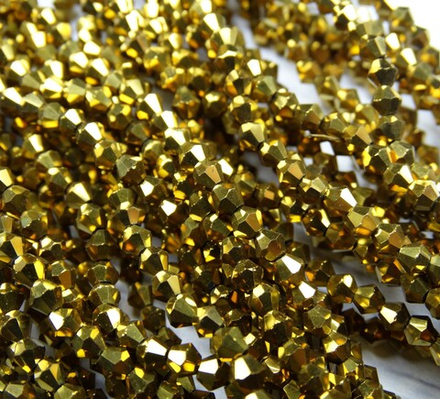 ББЛ002НН4 Хрустальные бусины "биконус", цвет: золото металлик, размер 4 мм, кол-во: 95-100 шт.
