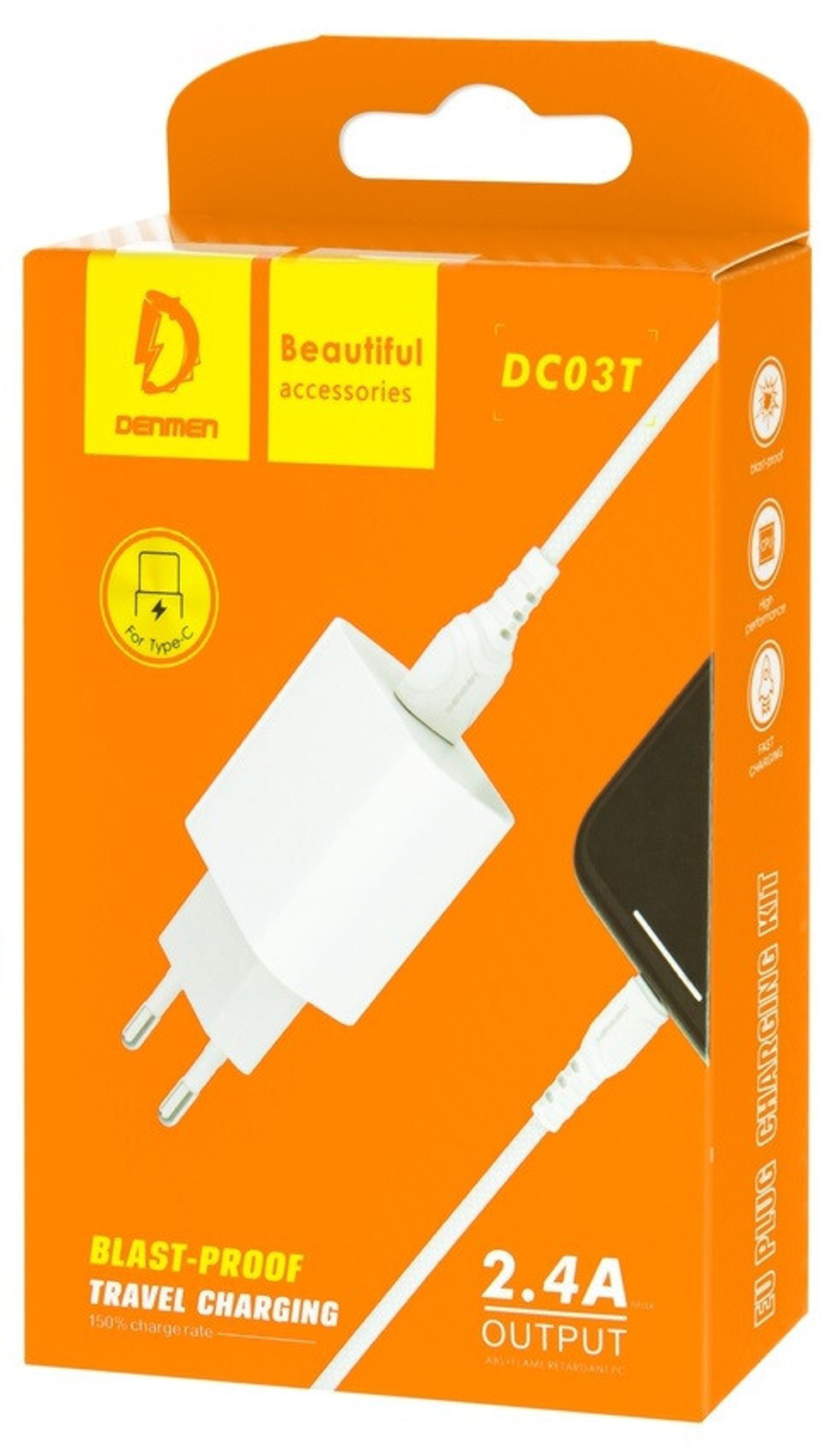 Сетевой адаптер питания DENMEN DC03T 1USB + кабель TypeC (белый)