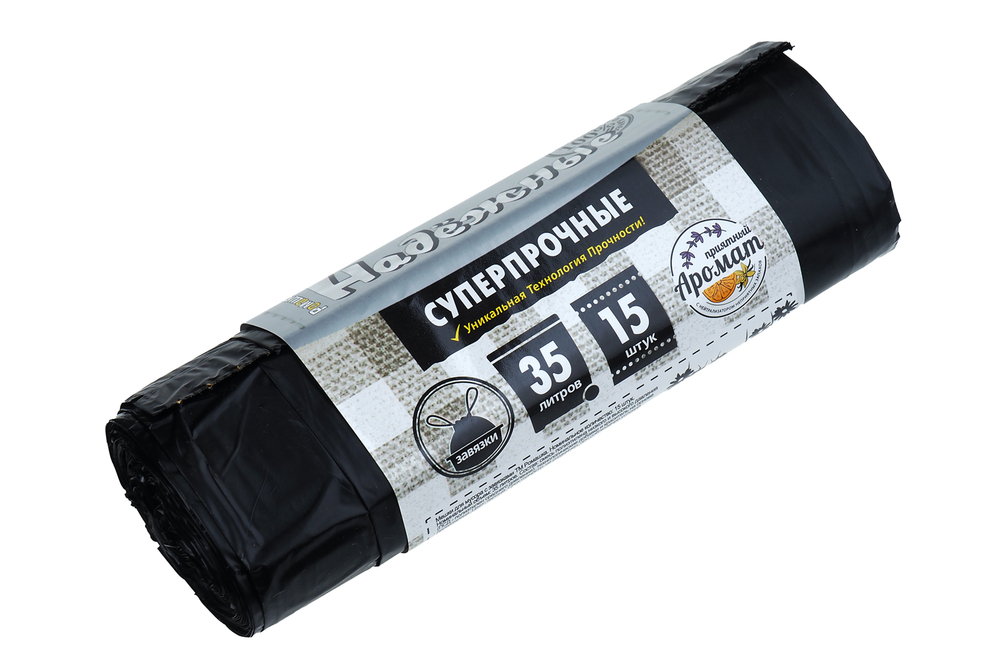 Мешки для мусора Суперпрочные 35л 15 шт/уп 18мкм 50смх60см черные с завязками вес рулона 160г вес мешка 10.66г ПВД дно плоское со швом без боковых фальцев Ромашка ВЗ-035-15/11