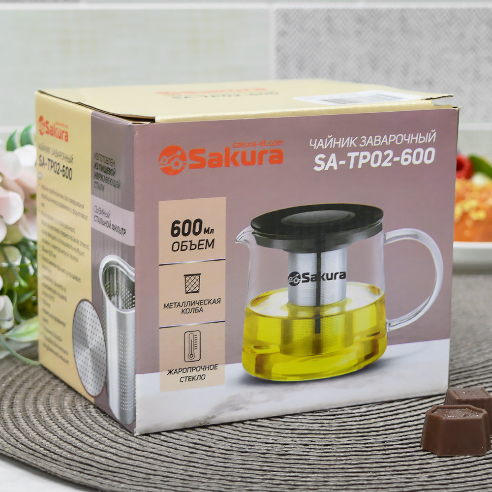Чайник заварочный 0,6л стеклянный SA-TP02-600