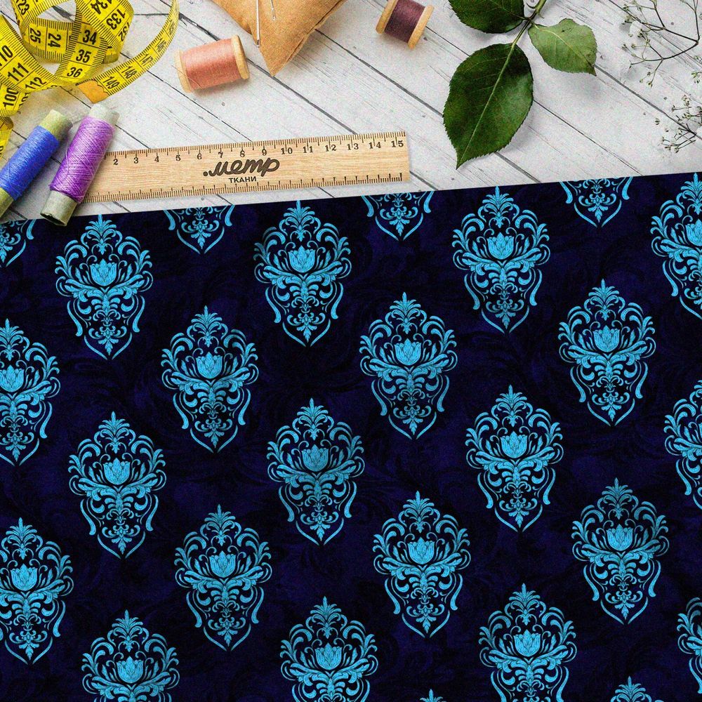 Ткань бифлекс симметричный голубой узор на синем фоне