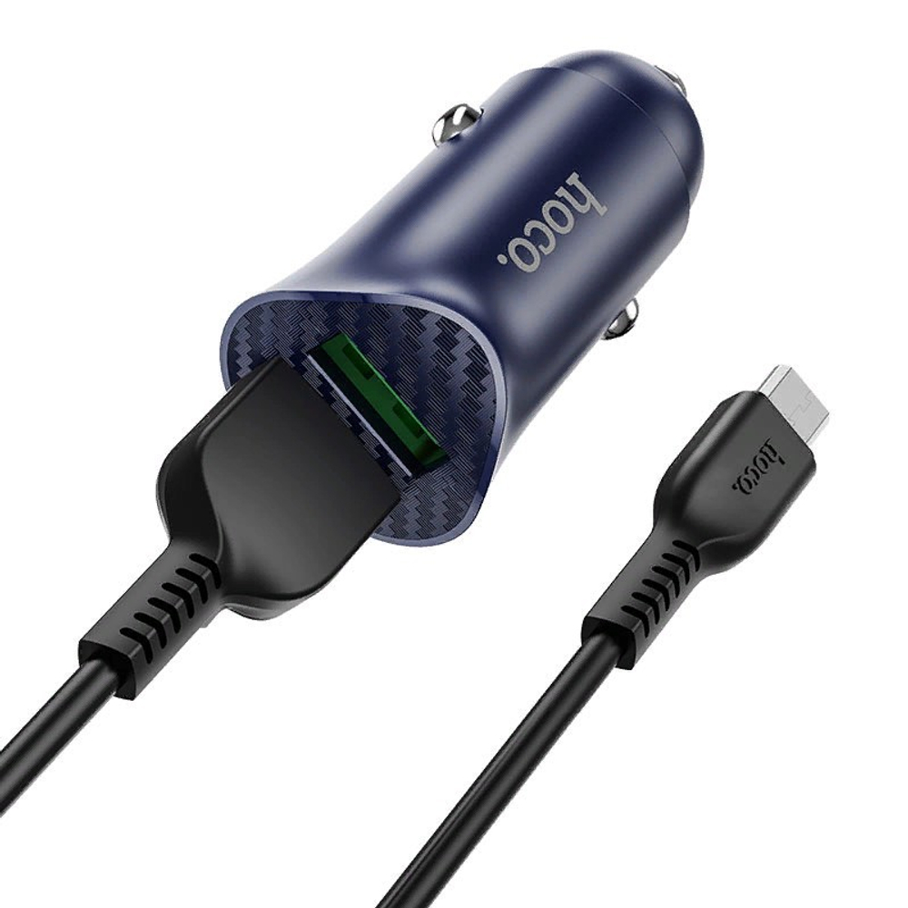 Разделитель автомобильный Hoco Z39 Farsighted dual port QC3.0 Car charger с кабелем MicroUSB (2USB: 3.6V-6.5V &amp; 3A 18W) Синий