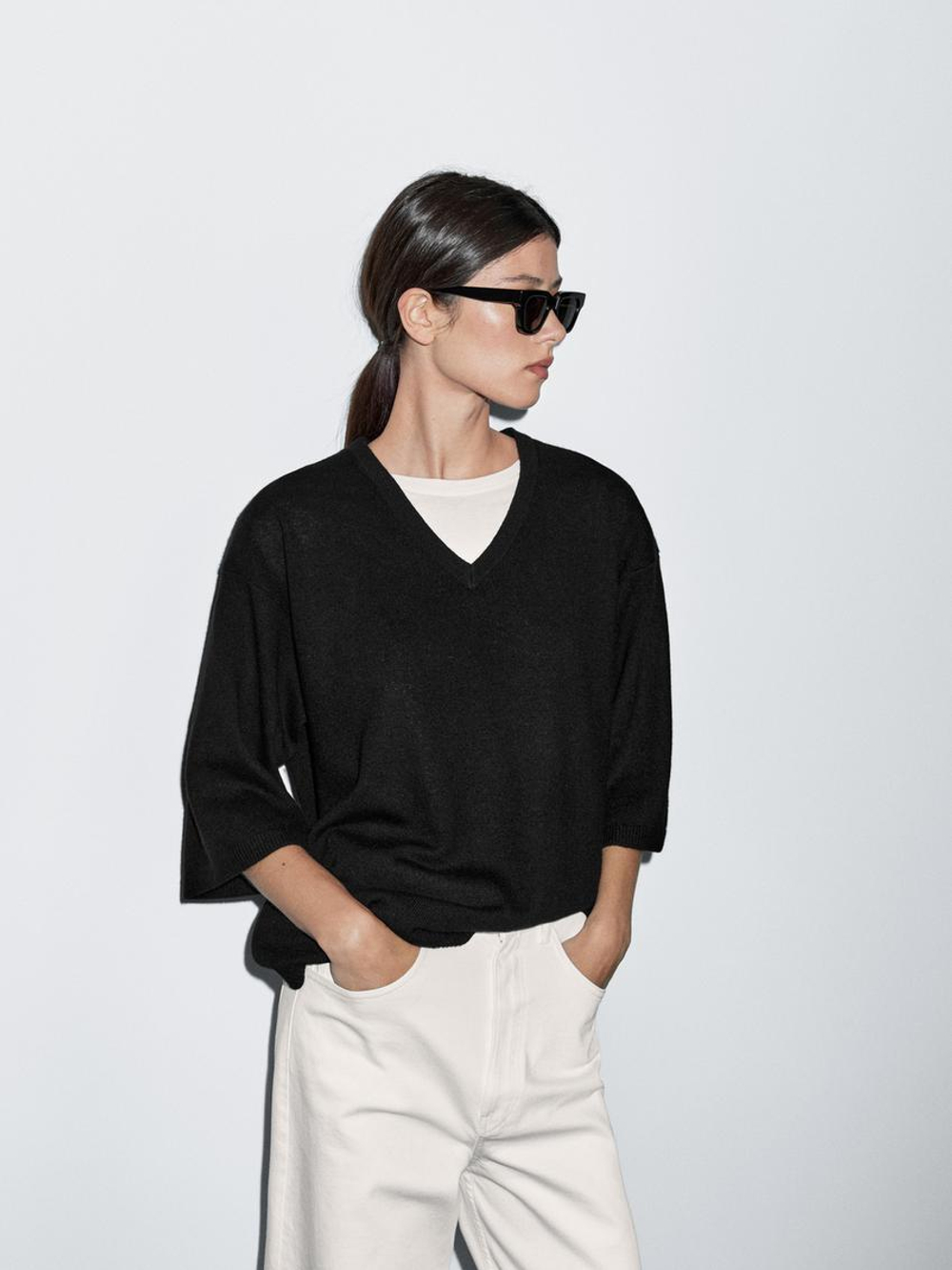 Massimo Dutti Свитер из смесовой шерсти с V-образным вырезом, черный