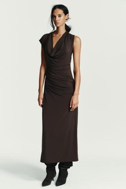 ZARA ПЛАТЬЕ МИДИ СО СБОРКАМИ, ШОКОЛАДНЫЙ
