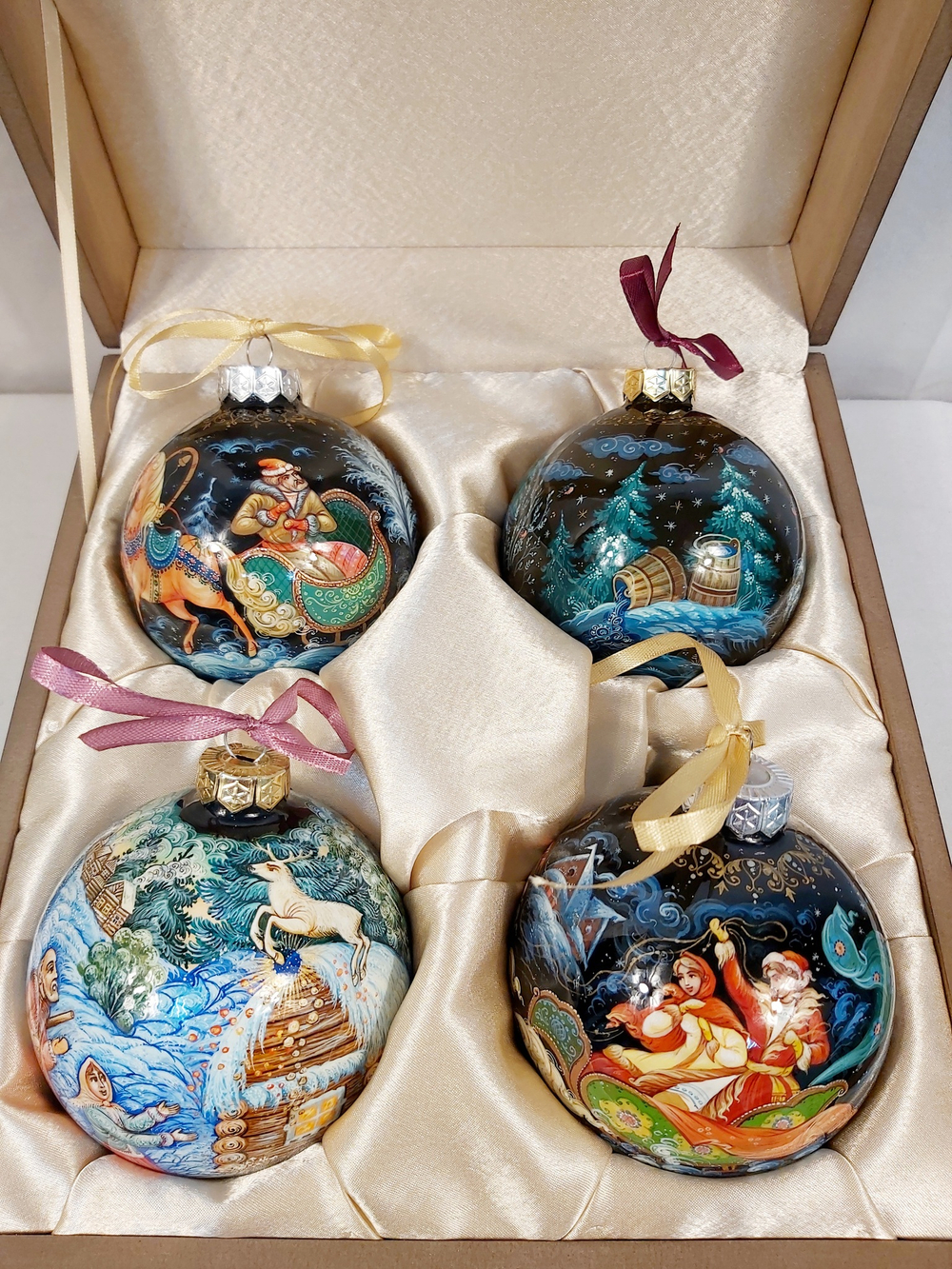 Сувенирный набор из 4-х новогодних шаров с ручной росписью Палех