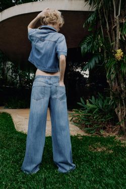 ZARA ДЖИНСОВАЯ РУБАШКА Z1975 С КОРОТКИМ РУКАВОМ, ВЫЦВЕТШИЙ СИНИЙ