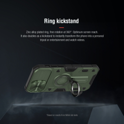 Чехол противоударный от Nillkin зеленого цвета (Dark Green) для iPhone 12 mini, серия CamShield Armor Case, с кольцом и металлической защитной шторкой для камеры