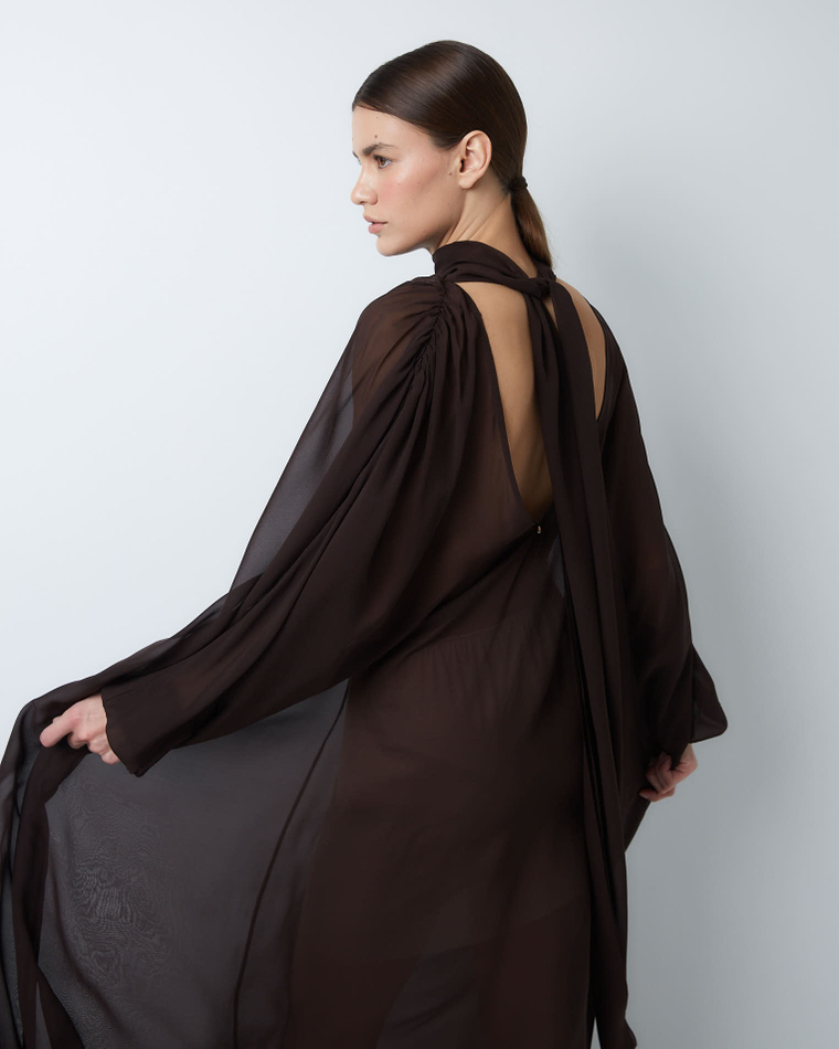 Платье с баской из шелкового шифона шоколад