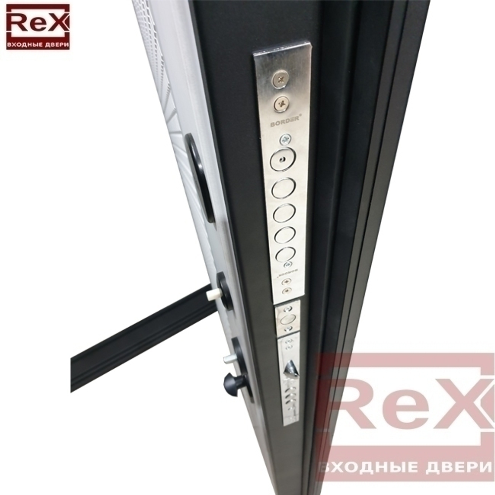 Входная металлическая дверь с зеркалом RеX (РЕКС) 25 кварц черный, фурнитура хром/ СБ 14 Сандал белый, черные стекла