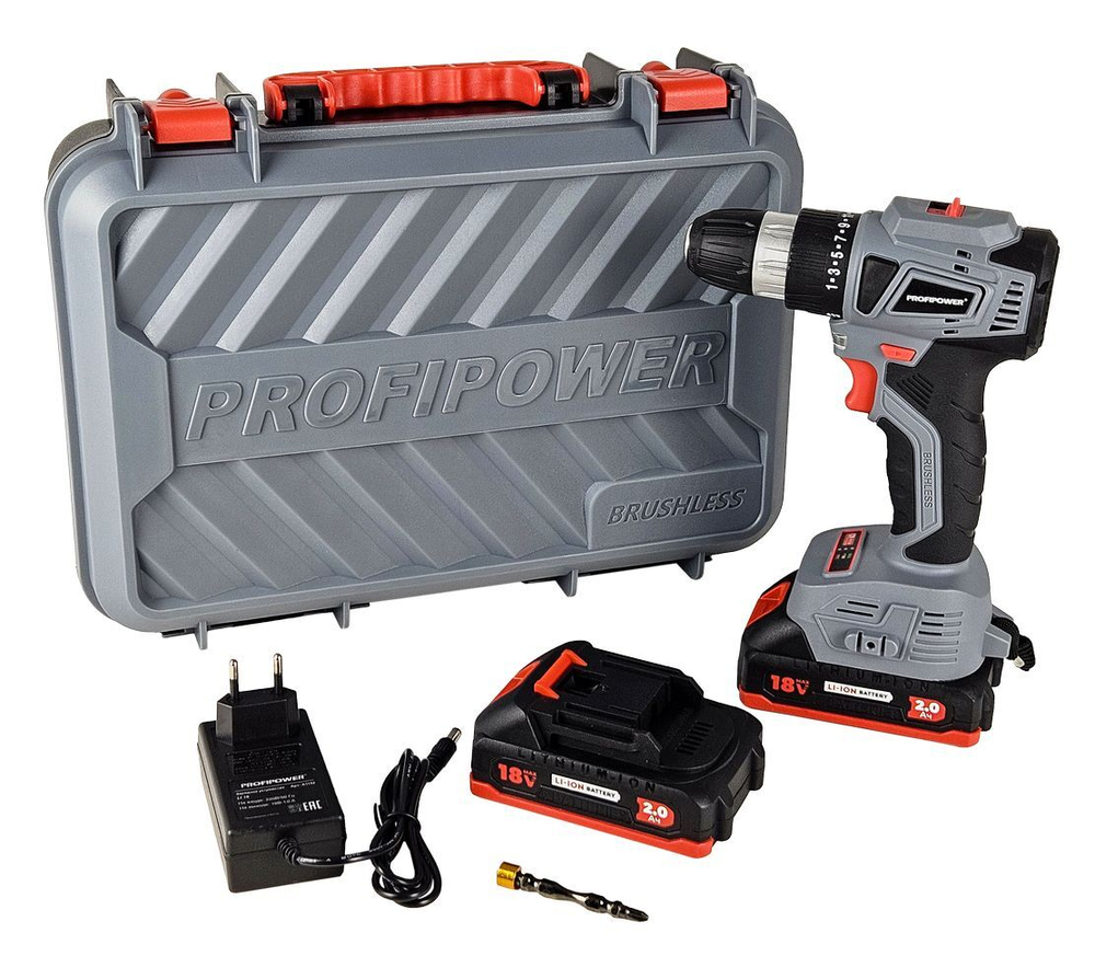 Аккумуляторный бесщеточный шуруповерт PROFIPOWER MKBL-18BT (18В,Li-ion-2шт, 2.0Ач, 0,8-10мм,40нм,магнитная бита, З/У, в кейсе)