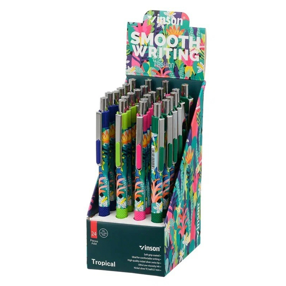 Ручка шариковая, автоматическая, Vinson, синие чернила, серия "Tropical", 24 шт