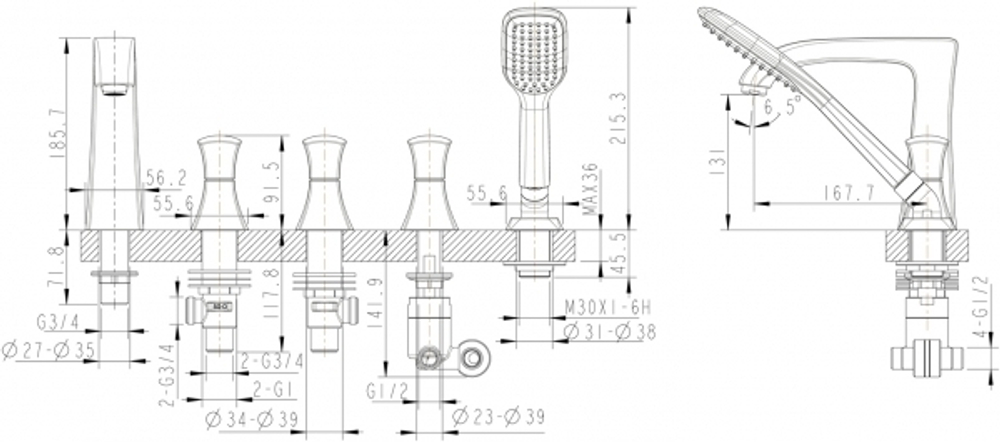 Встраиваемый смеситель на 5 отверстий Bravat Whirlpool