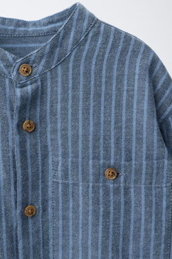 ZARA РУБАШКА В ПОЛОСКУ С ВОРОТНИКОМ-СТОЙКОЙ, СИНИЙ