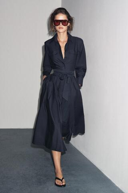 ZARA ПЛАТЬЕ-РУБАШКА ИЗ ПОПЛИНА — ZW COLLECTION, МОРСКОЙ СИНИЙ