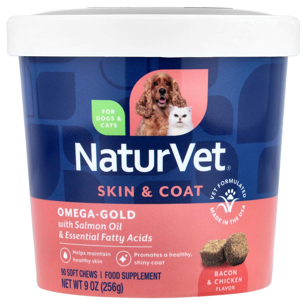 NaturVet, Omega-Gold, с жиром лосося и незаменимыми жирными кислотами, для собак и кошек, бекон и курица, 90 жевательных таблеток, 256 г (9 унций)
