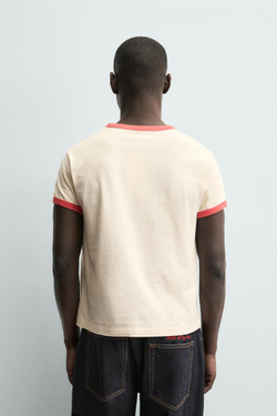 ZARA ФУТБОЛКА В РУБЧИК С КОНТРАСТНЫМ СЕРДЦЕМ, ЭКРЮ