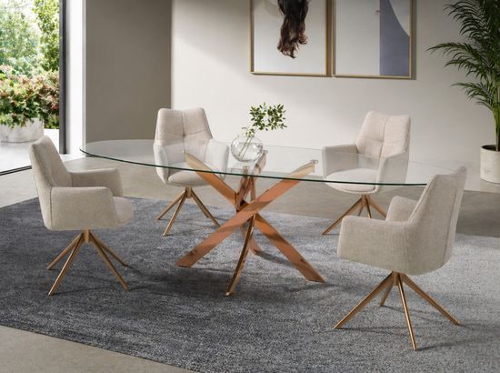 Овальный обеденный стол 1169-Ø200x95 из закаленного стекла и розовой стали