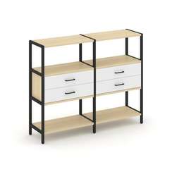 Shelf System Двухсекционный стеллаж трехярусный с ящиками SN.STM-322 Акация Лорка/Белый/Металл Черны