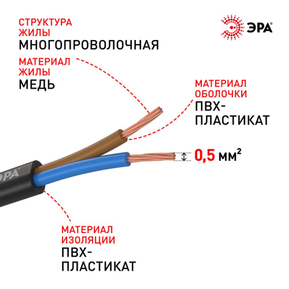 Провод ЭРА ШВВП 2х0,5 мм2 5м чёрный
