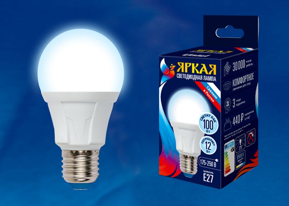 LED-A60 12W/DW/E27/FR PLP01WH Лампа светодиодная. Форма «А», матовая. Серия Яркая. Дневной свет (6500K). Картон. ТМ Uniel