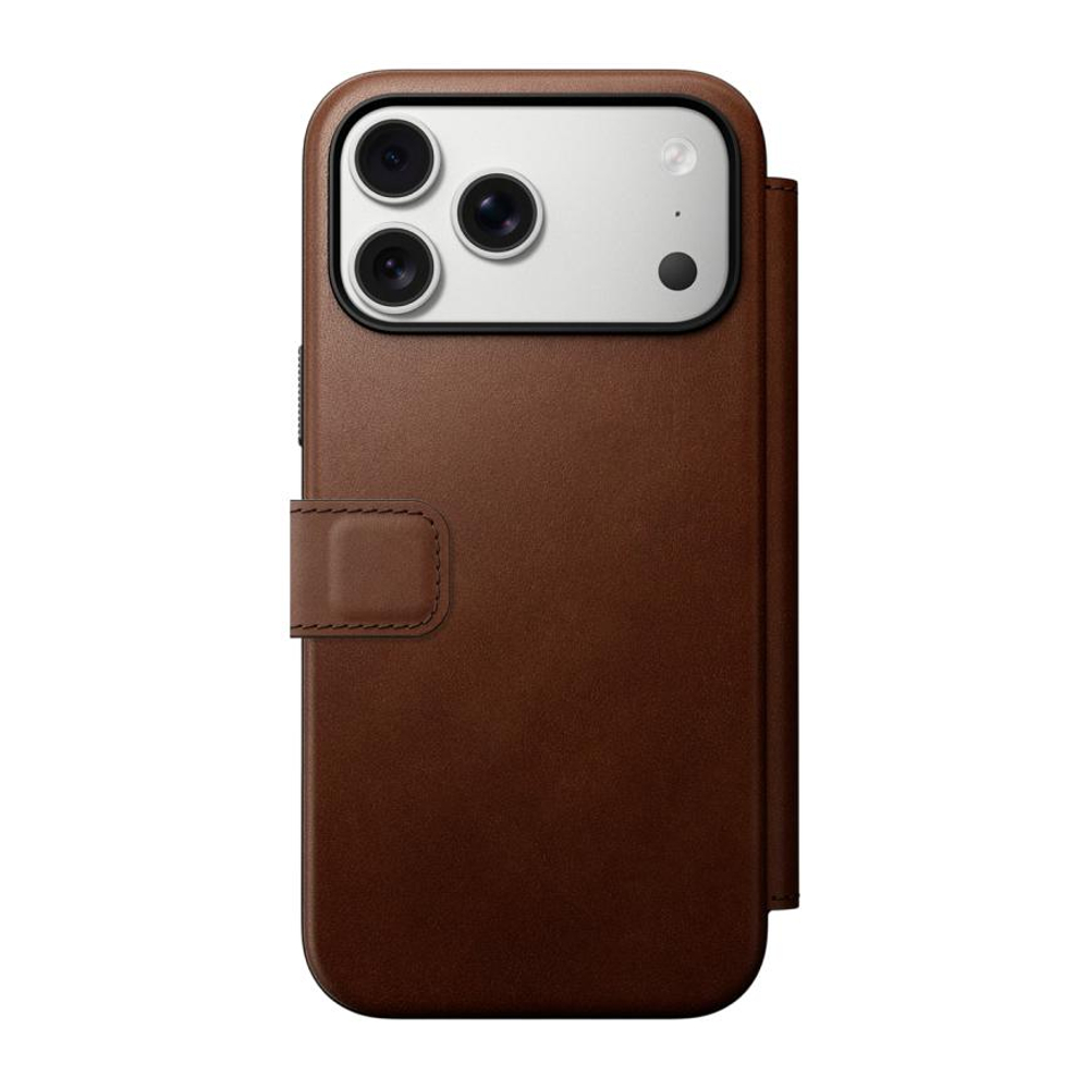 Кожаный чехол-книжка MagSafe Nomad Modern Leather Folio для iPhone 17 Pro Max Гибридный укреплённый чехол из натуральной цельнозерновой кожи с сенсорной накладкой для Контроллера камеры. Есть отделение для купюр и встроенный картхолдер — вмещает до трёх к