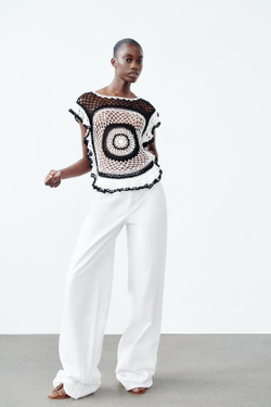 ZARA ТОП ИЗ КРУЖЕВА КРОШЕ С ВОЛАНАМИ, БЕЛЫЙ/ЧЕРНЫЙ