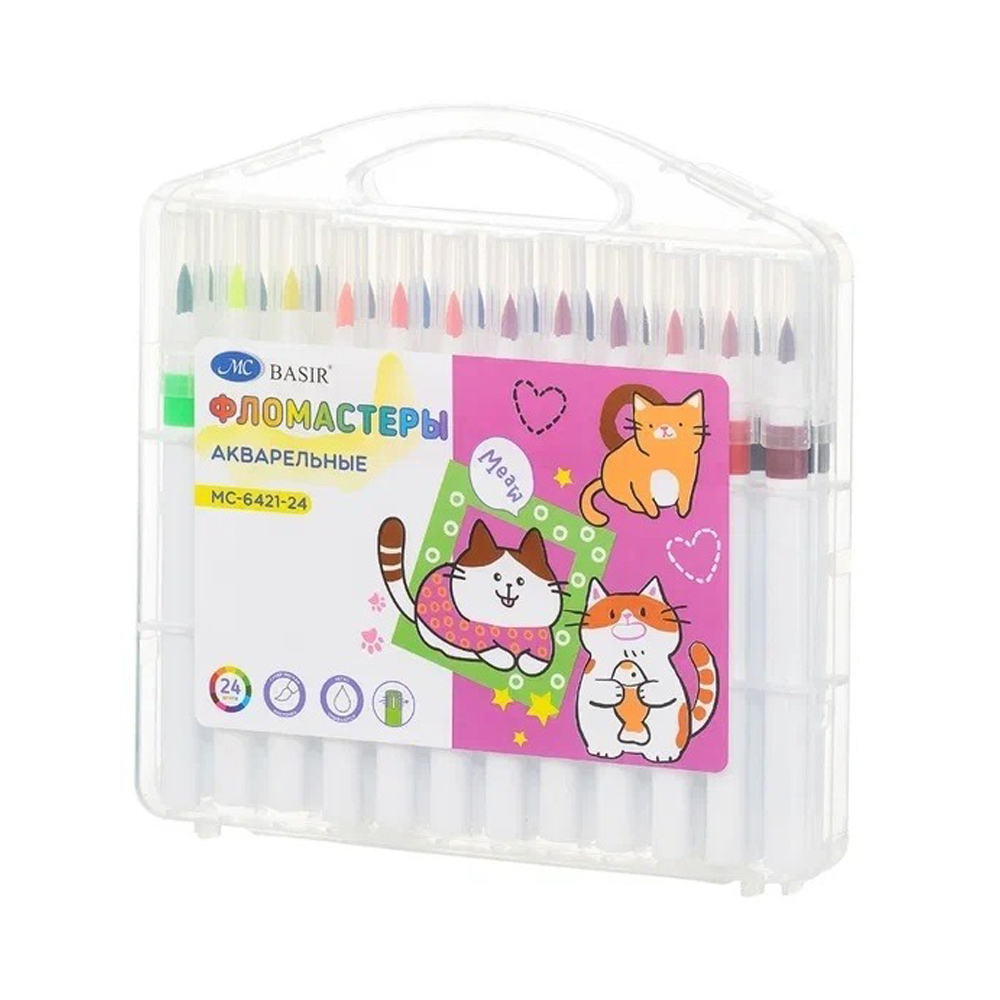 Фломастеры Basir, серия "Кошки", разноцветные, акварельные, в пластмассовом боксе, набор 24 цвета