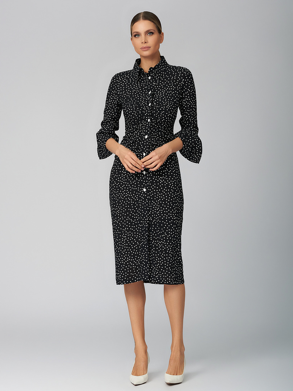 Платье-рубашка, с сборкой в горох