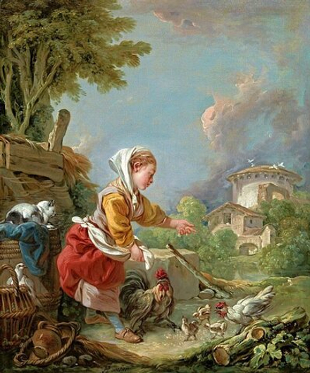 "Девочка, кормящая домашнюю птицу", Буше, Франсуа, картина (репродукция)