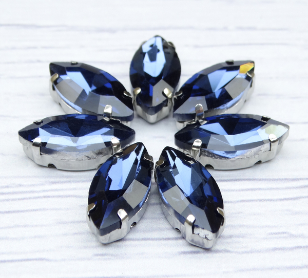 МЦ021НН715 Хрустальные стразы формы "лодочка" в цапах, цвет: полуночный синий, 7х15 мм, 5 шт.