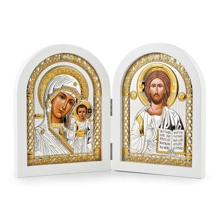 Складень, Спаситель, Казанская БМ, икона арочная, белое дерево 200x300