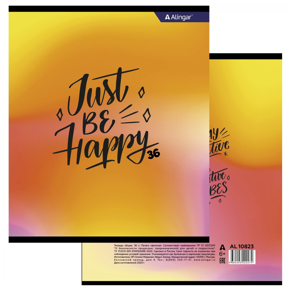 Тетрадь 36 л., А5, клетка, Alingar "Positive book", скрепка, второй блок 60г/м2, мелованный картон (стандарт), 4 дизайна в пленке т/у